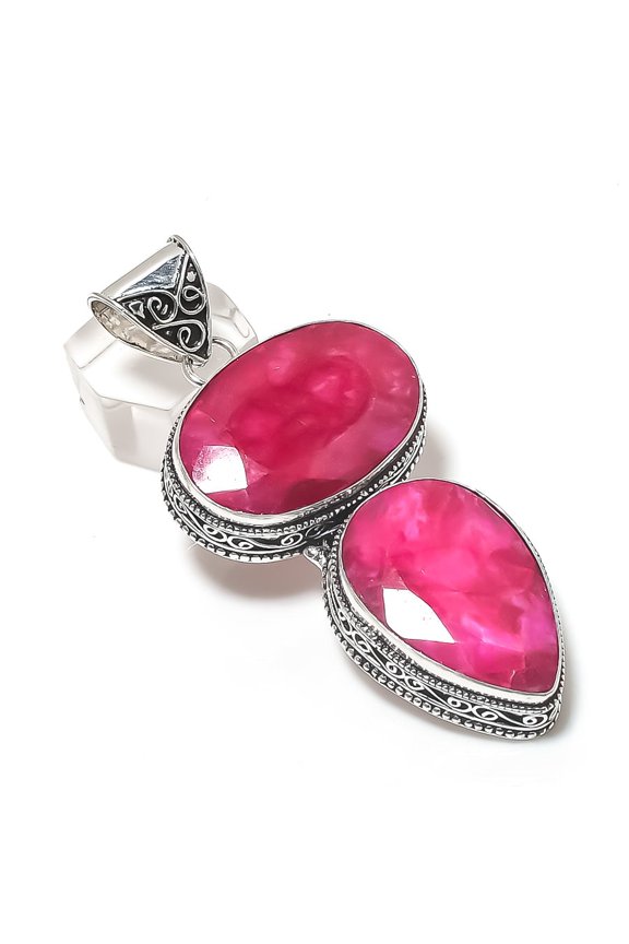 Natural Ruby(Simulated) Gemstone 925 Sterling Silver Jewelry Pendant 2.88"