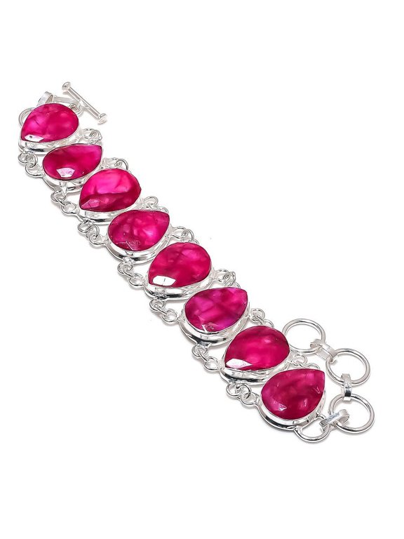 Natural Ruby(Simulated) Gemstone Handmade 925 Sterling Silver Bracelet 7-8"