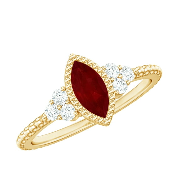 Rosec Jewels Natural Ruby Promise Ring with Diamond - Vintage Inspired Ring - AAA Quality - Ready to Gift for Valentines, 14K Yellow Gold, US 6.50