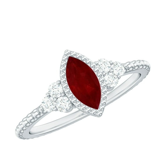 Rosec Jewels Natural Ruby Promise Ring with Diamond - Vintage Inspired Ring - AAA Quality - Ready to Gift for Valentines, 18K White Gold, US 12.50