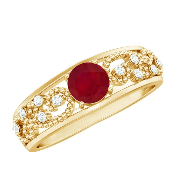Rosec Jewels Natural Ruby Engagement Ring for Women - Vintage Inspired Ruby Diamond Ring - AAA Quality - with Jewelry Box, 10K Yellow Gold, US 3.00