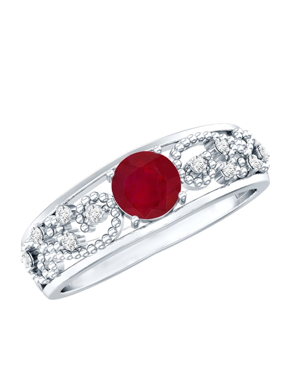 Natural Ruby Engagement Ring for Women - Vintage Inspired Ruby Diamond Ring - AAA Quality - with Jewelry Box, 925 Sterling Silver, US 4.00