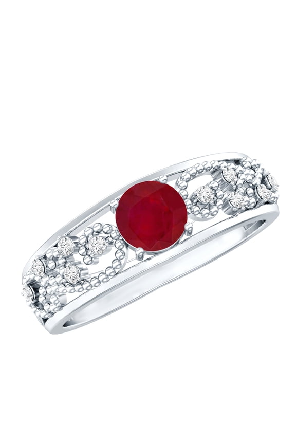 Natural Ruby Engagement Ring for Women - Vintage Inspired Ruby Diamond Ring - AAA Quality - with Jewelry Box, 925 Sterling Silver, US 4.00