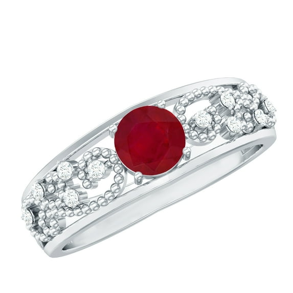 Rosec Jewels Natural Ruby Engagement Ring for Women - Vintage Inspired Ruby Diamond Ring - AAA Quality - with Jewelry Box, 925 Sterling Silver, US 4.50