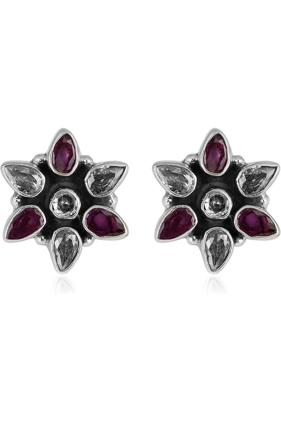 Natural Ruby & White Zircon Stud Earrings for Women in 925 Sterling Silver – Handmade 3 mm Pear-Cut Red & White Gemstones, Elegant Jewelry Gift for Birthday, Anniversary & Special Occasions