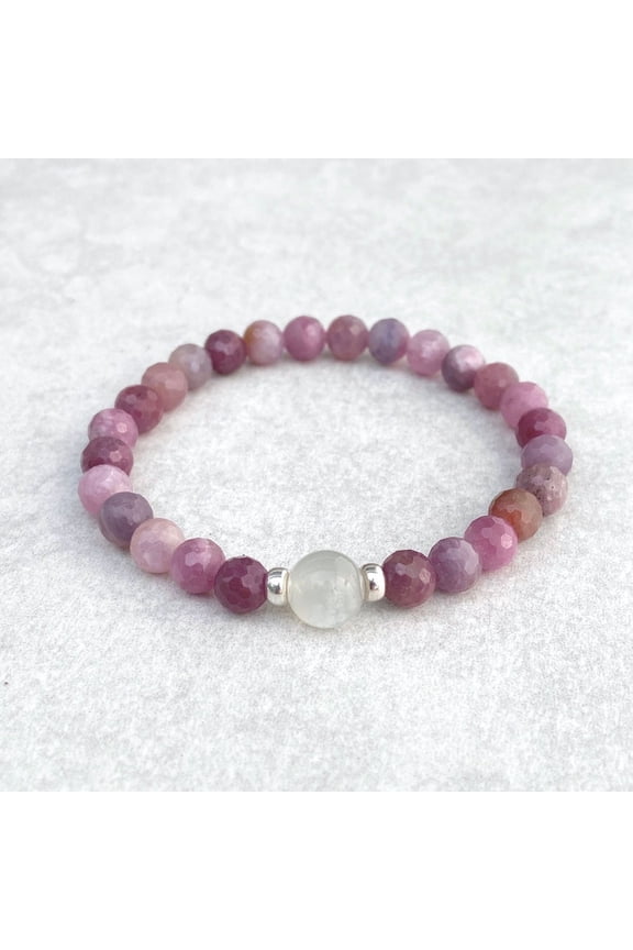 Natural Ruby With Moonstone 8-10mm Round Shape Smooth & Faceted Cut Beads Stretchable Bracelet for Men & Women.
