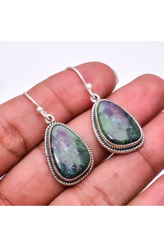 Natural Ruby With Zoisite -Tanzania Designer Handmade 925 Silver Plated Earring 1.56", Ruby With Zoisite Earring E_8036_341_58