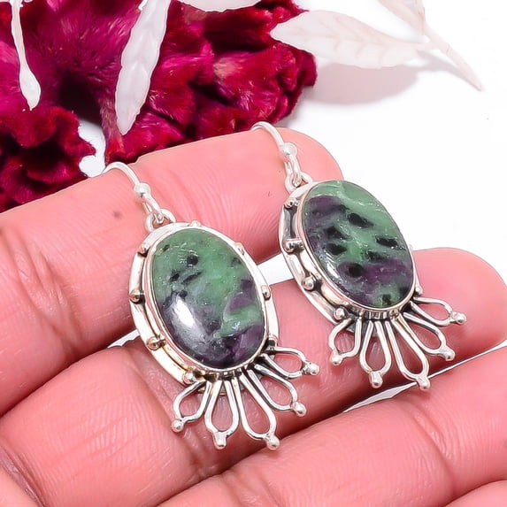 Natural Ruby With Zoisite - Tanzania Designer Handmade 925 Sterling Silver Earring 1.76" E83124, Christmas Gift