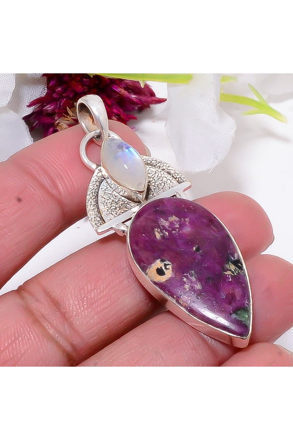 Natural Ruby With Zoisite - Tanzania & Rainbow Moonstone - India Designer Handmade 925 Sterling Silver Pendant 2.34" Sku41, Maroon Pendant, Natural Ge