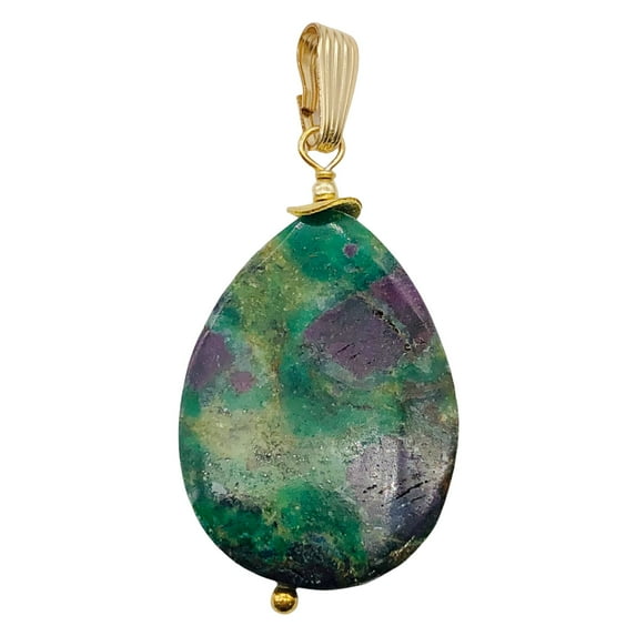 Natural Ruby Zoisite and 14K Gold Filled Pendant | 2" Long | Green/Red |