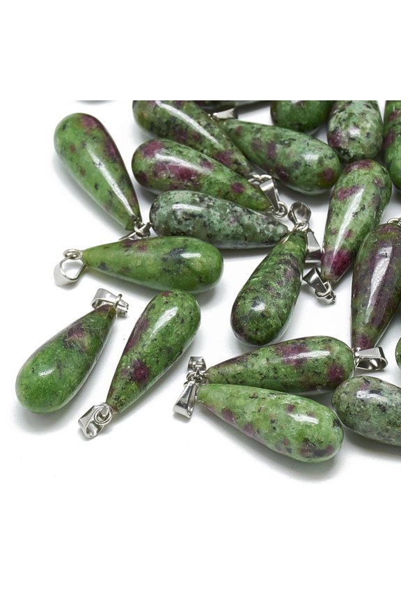 Natural Ruby in Zoisite Pendants with Stainless Steel Snap On Bails teardrop 28~30x10~12mm Hole: 6x4mm