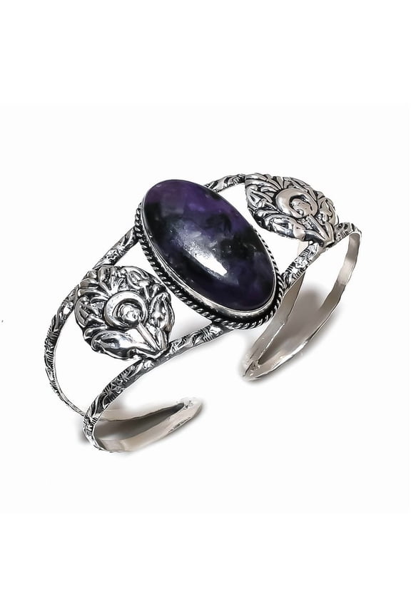 Natural Russian Charoite 925 Sterling Silver Cuff Bangle Adjustable