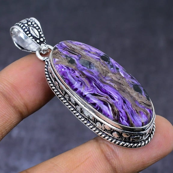 Natural Russian Charoite Gemstone 925 Steling Silver Jewelry Pendant 2.36"