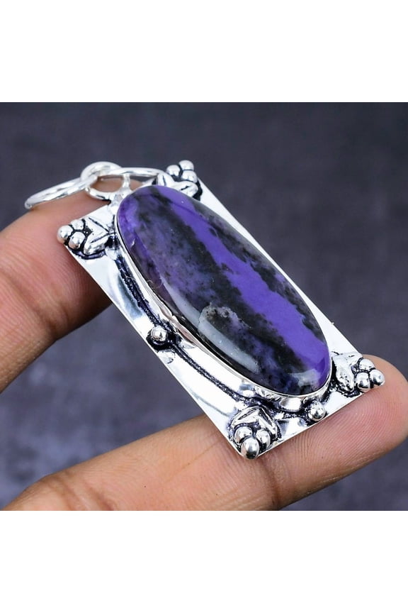 Natural Russian Charoite Gemstone 925 Steling Silver Jewelry Pendant 2.36"