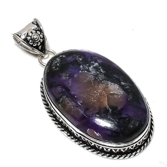 Natural Russian Charoite Gemstone 925 Sterling Silver Gift Pendant 2.40"