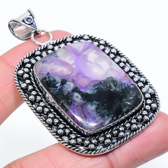 Natural Russian Charoite Gemstone 925 Sterling Silver Gift Pendant 2.56"