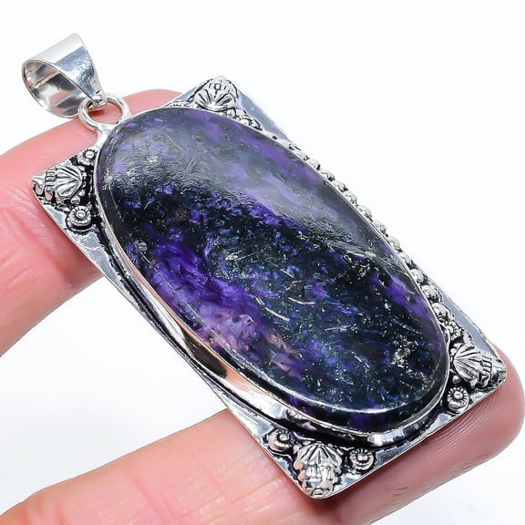 Natural Russian Charoite Gemstone 925 Sterling Silver Gift Pendant 2.64"