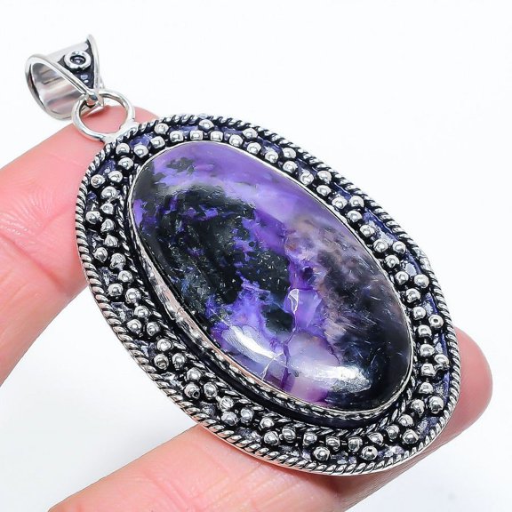 Natural Russian Charoite Gemstone 925 Sterling Silver Gift Pendant 2.96"