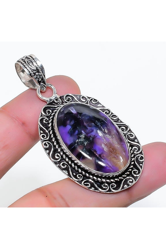 Natural Russian Charoite Gemstone 925 Sterling Silver Jewelry Pendant 2.17"