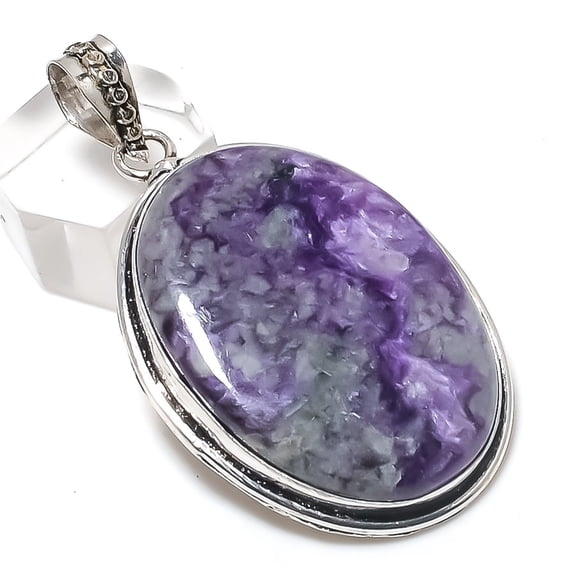 Natural Russian Charoite Gemstone 925 Sterling Silver Jewelry Pendant 2.21"