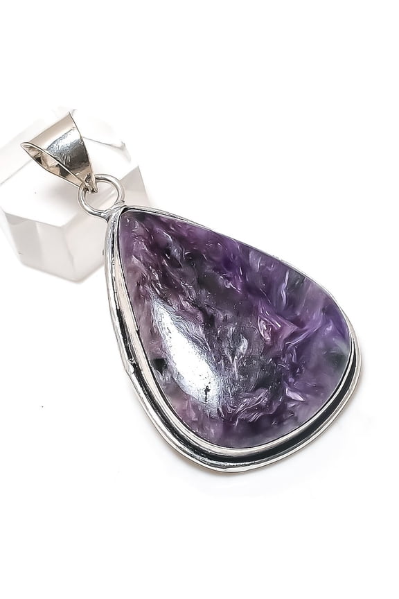 Natural Russian Charoite Gemstone 925 Sterling Silver Jewelry Pendant 2.21"