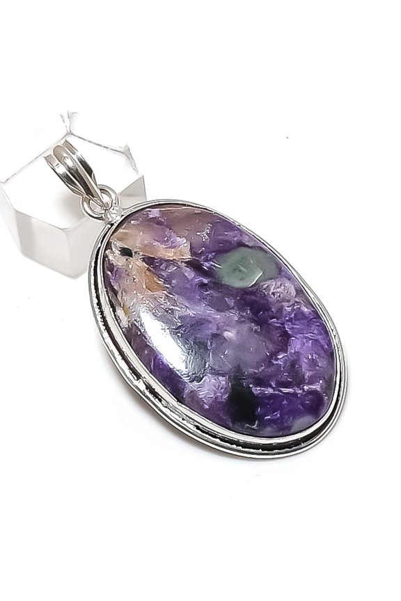 Natural Russian Charoite Gemstone 925 Sterling Silver Jewelry Pendant 2.29"