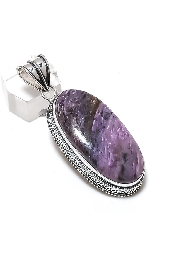 Natural Russian Charoite Gemstone 925 Sterling Silver Jewelry Pendant 2.40"