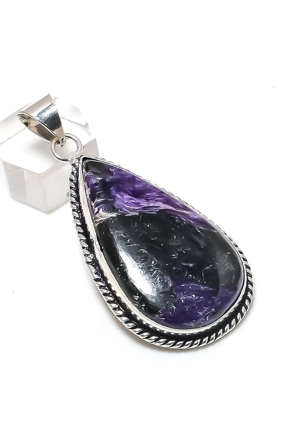 Natural Russian Charoite Gemstone 925 Sterling Silver Jewelry Pendant 2.48"