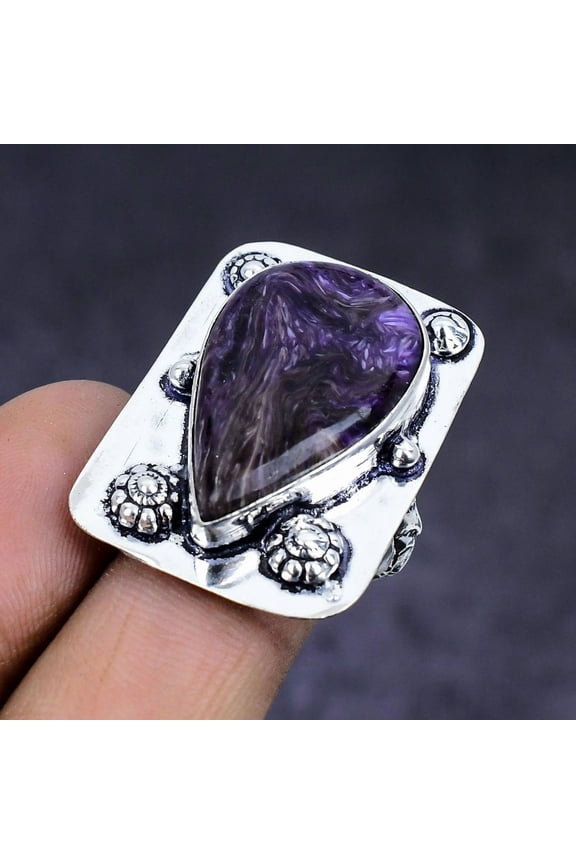 Natural Russian Charoite Gemstone 925 Sterling Silver Jewelry Ring Size 7