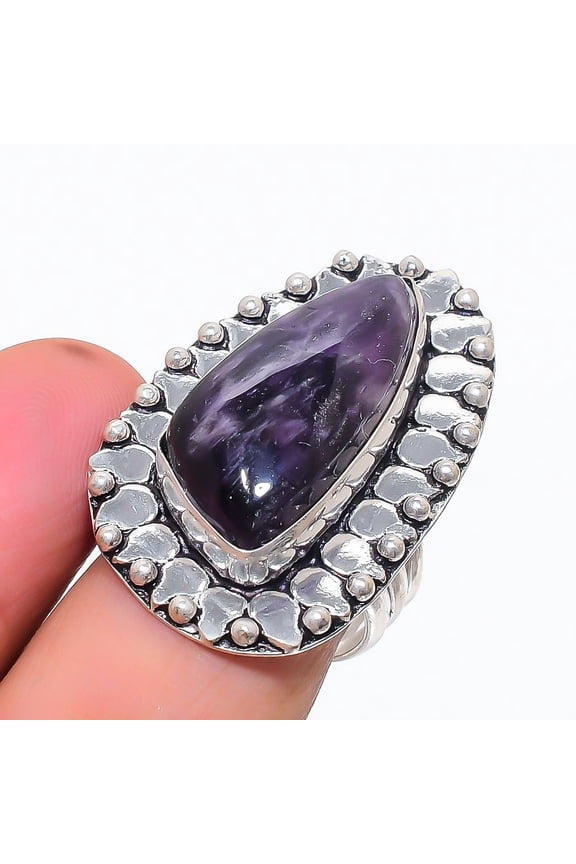 Natural Russian Charoite Gemstone 925 Sterling Silver Jewelry Ring Size 8.5