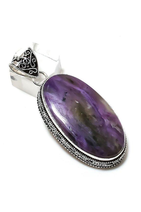 Natural Russian Charoite Gemstone 925 Sterling Silver Pendant 2.48"