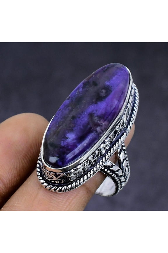 Natural Russian Charoite Gemstone 925 Sterling Silver Ring Size 9.5