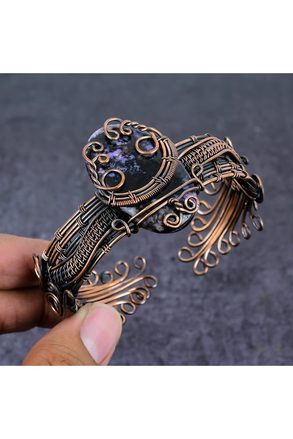 Natural Russian Charoite Gemstone Copper Wire Wrap Cuff Bangle Adjustable