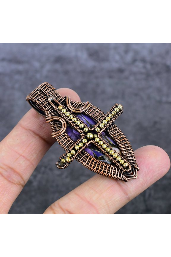 Natural Russian Charoite Gemstone Copper Wire Wrap Jewelry Pendant 2.44"