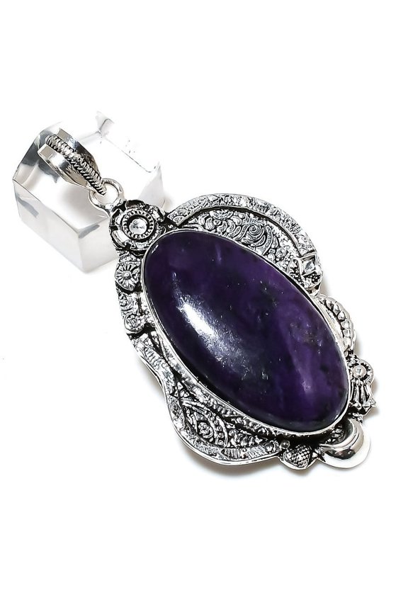 Natural Russian Charoite Gemstone Handmade 925 Sterling Silver Pendant 2.68"