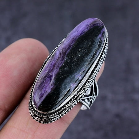 Natural Russian Charoite Gemstone Handmade 925 Sterling Silver Ring Size 10