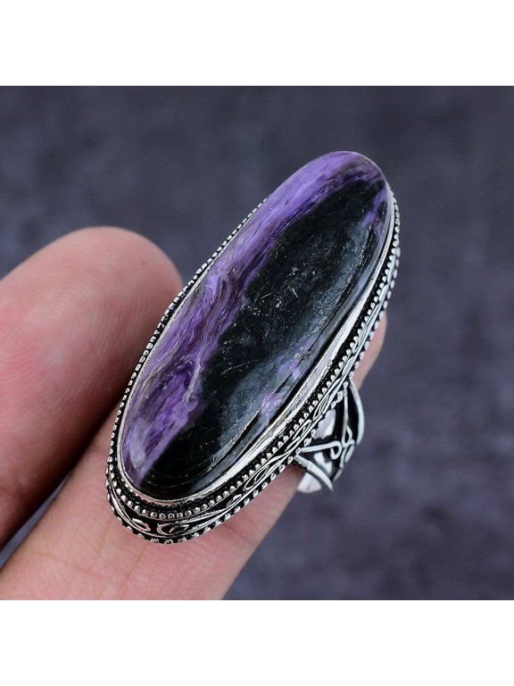 Natural Russian Charoite Gemstone Handmade 925 Sterling Silver Ring Size 10