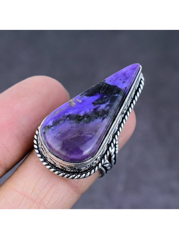 Natural Russian Charoite Gemstone Handmade 925 Sterling Silver Ring Size 8