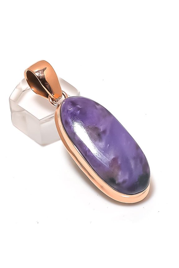 Natural Russian Charoite Gemstone Handmade Copper Jewelry Pendant 2.25"