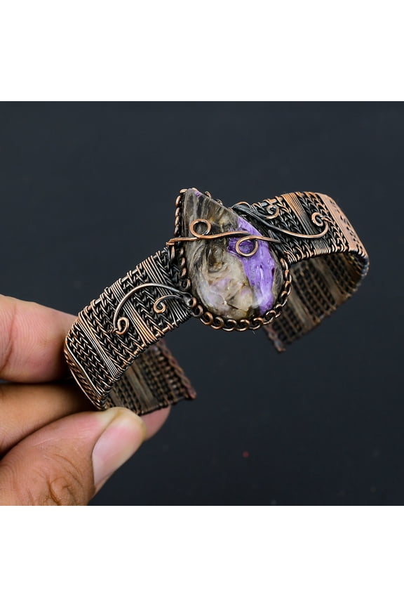 Natural Russian Charoite Gemstone Handmade Copper Wire Wrap Bangle Adj.