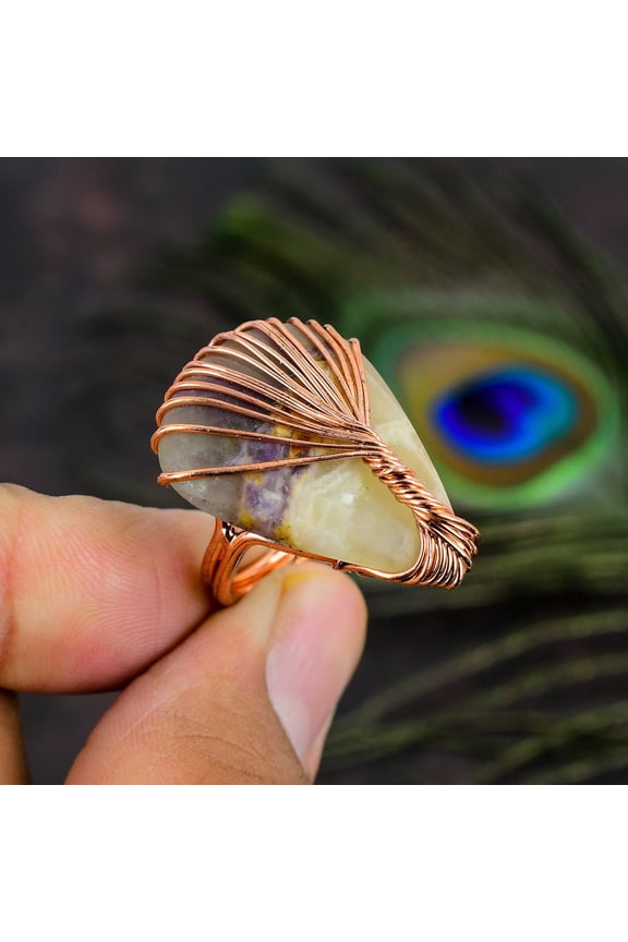 Natural Russian Charoite Gemstone Handmade Copper Wire Wrap Ring Size 7