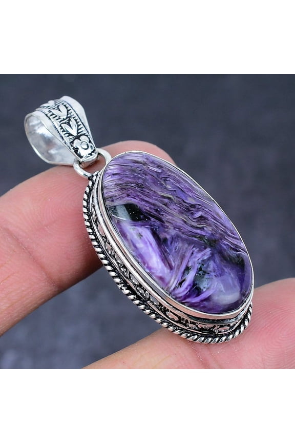 Natural Russian Charoite Handmade 925 Sterling Silver Pendant 1.97"