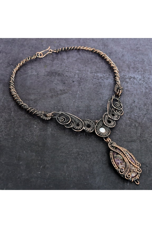 Natural Russian Charoite, Moonstone Copper Wire Wrap Jewelry Necklace 18"