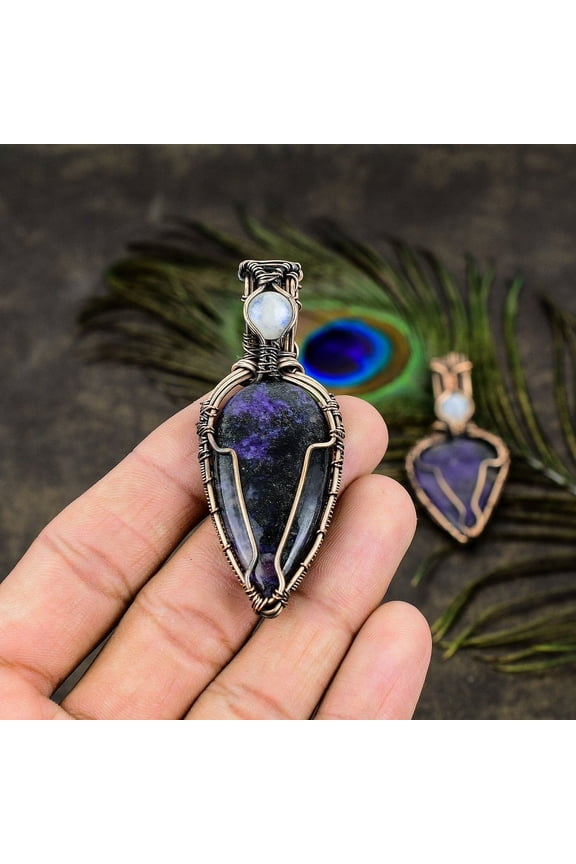 Natural Russian Charoite, Moonstone Gemstone Copper Wire Wrap Pendant 2.72"