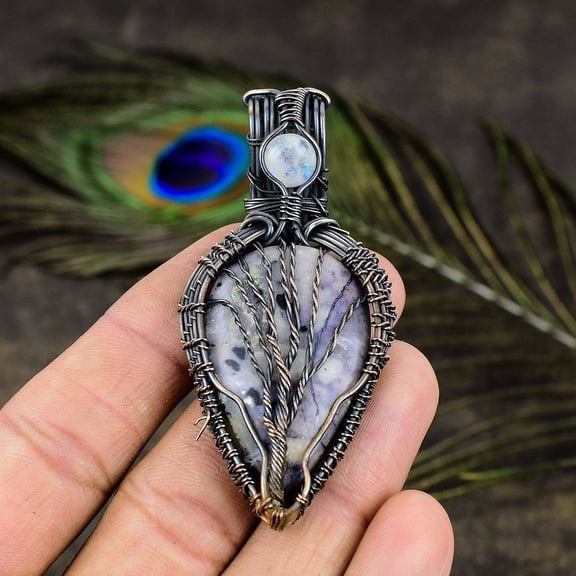 Natural Russian Charoite, Moonstone Gemstone Copper Wire Wrap Pendant 2.84"