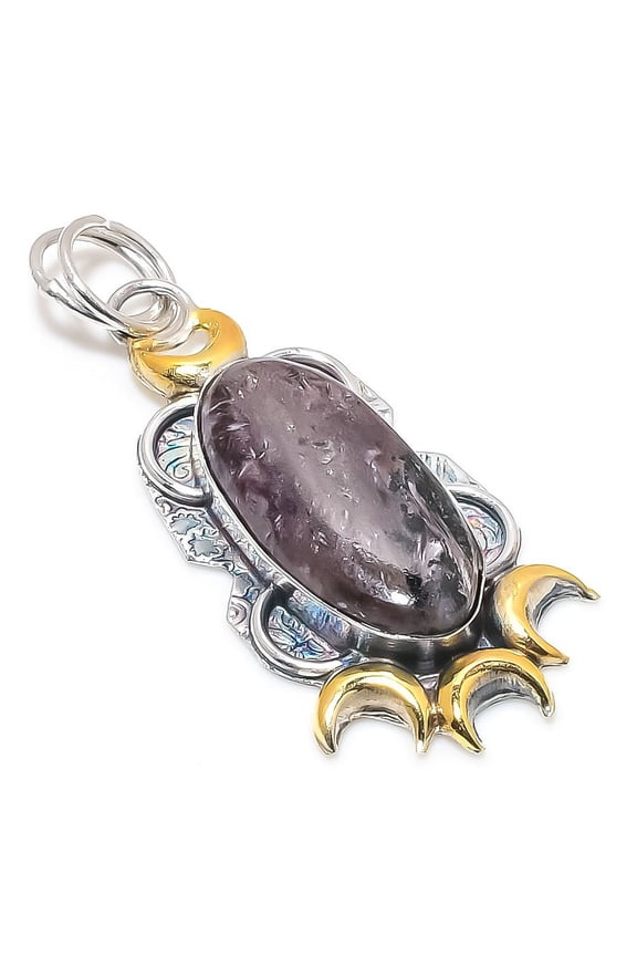 Natural Russian Charoite Stone 925 Sterling Silver Two Tone Pendant 2.29"