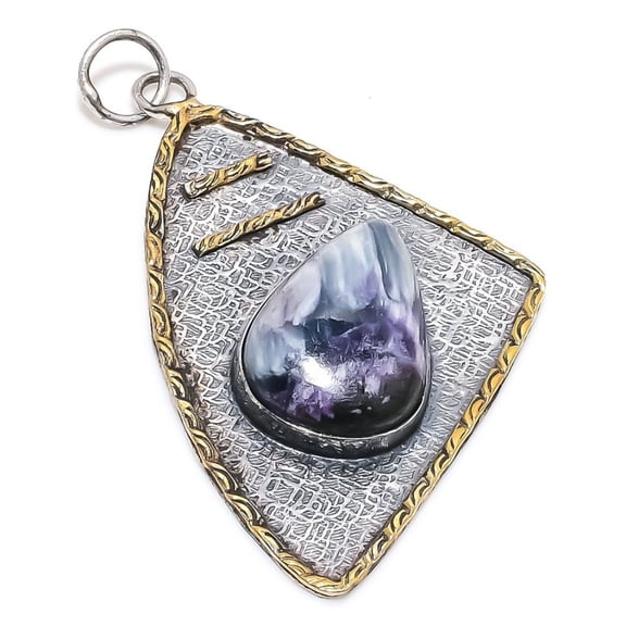 Natural Russian Charoite Stone 925 Sterling Silver Two Tone Pendant 2.80"