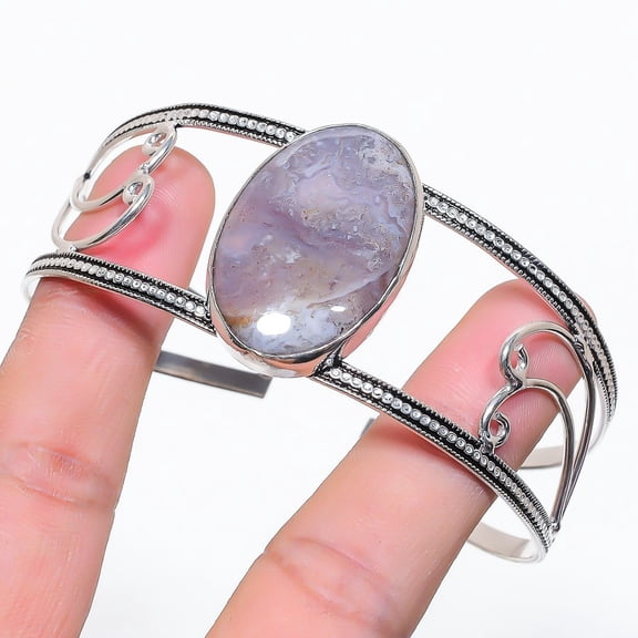 Natural Russian Dendritic Gemstone 925 Sterling Silver Cuff Bangle Adj