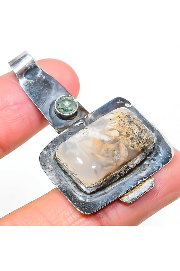 Natural Russian Dendritic,Tsavorite Stone 925 Sterling Silver Pendant 1.97"