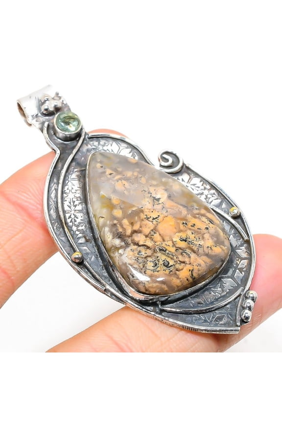 Natural Russian Dendritic,Tsavorite Stone 925 Sterling Silver Pendant 2.76"